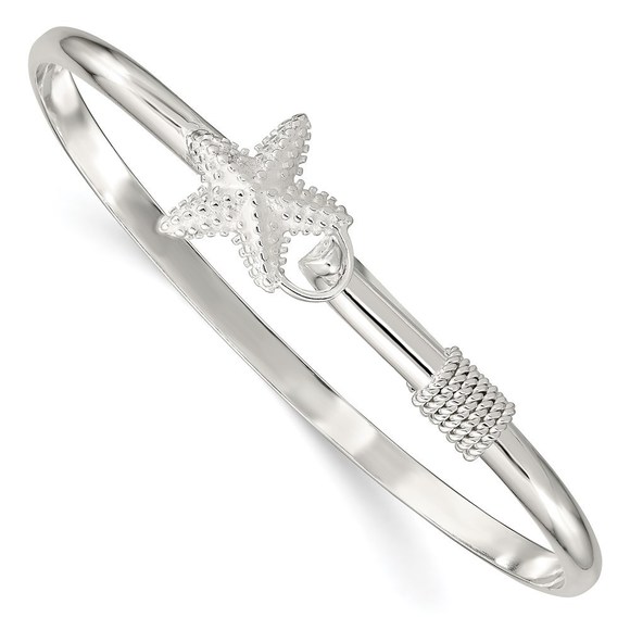 925 Sterling Silver Polished and Textured Starfish Bangle Bracelet